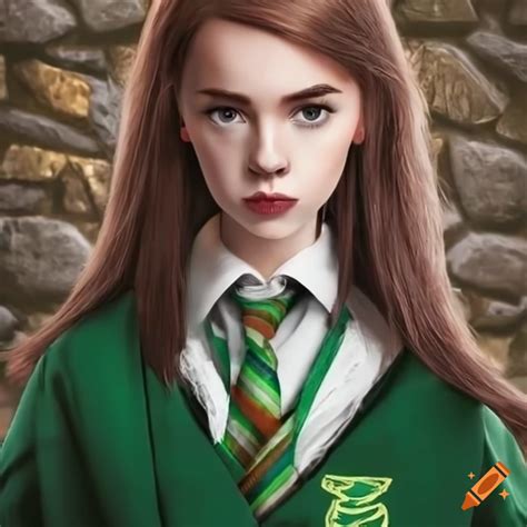 Attractive female slytherin student against a stone wall background on Craiyon
