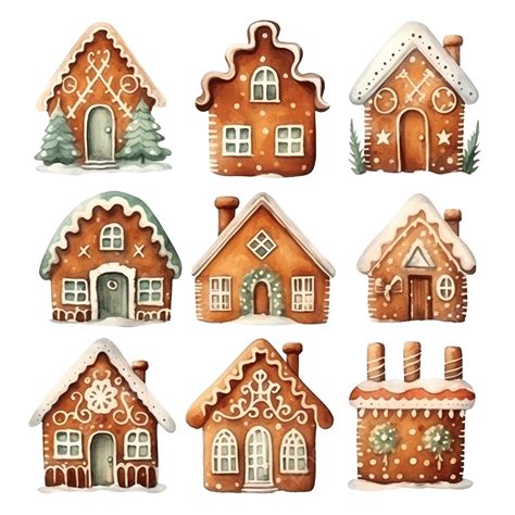 Set Of Gingerbread Houses Isolated, Traditional Christmas Cookies, Winter Watercolour ...