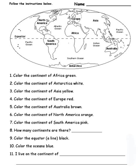 Continents/Oceans Worksheet (Grade 1) | Lessons, Projects, and Crafts for Bodhi | Pinterest