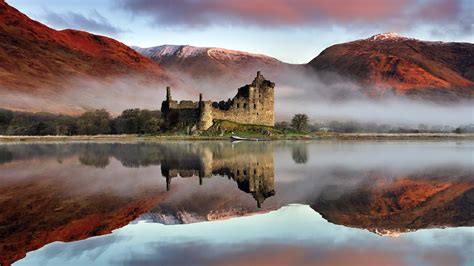 Reflection of Kilchurn Castle in Loch Awe, Highlands, Scotland - backiee