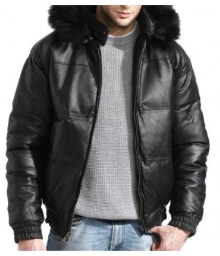 SKU#PN78 Men's Genuine Leather Bubble Bomber Jacket Snorkel, Removable Hood With Fox Fur Trim ...