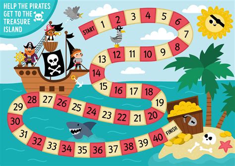 Pirate dice board game for children with cute pirate ship hunting treasure. Treasure island hunt ...