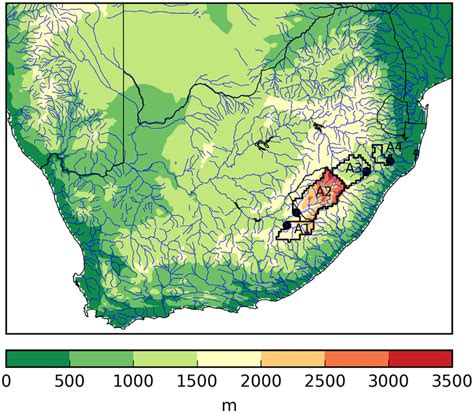 Elevation map of Southern Africa including the four headwaters with the... | Download Scientific ...