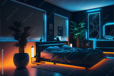 Modern bedroom interior with neon lights glowing ambient in the evening. Luxurious stylish ...