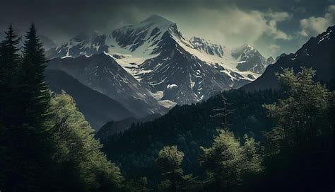 Premium AI Image | Dark Mountain with green trees painting landscape