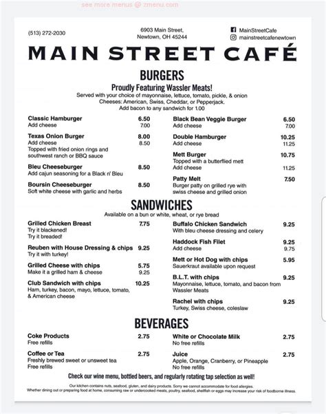 Menu at Main Street Cafe, Newtown