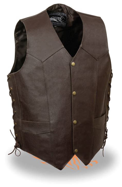 Mens Brown Solid Leather Vest w Embossed Skull & Crossbones