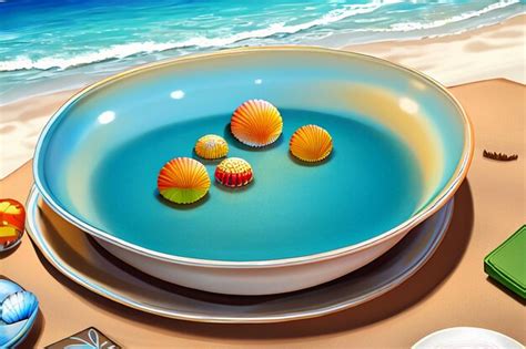 Premium AI Image | Blue sea yellow beach natural scenery background fruit plate decoration ...