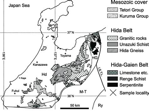 Simplified geological map of the Hokuriku Region, showing location of... | Download Scientific ...