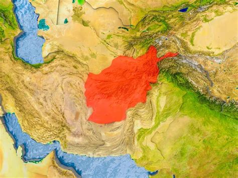 Afghanistan in red on realistic map with embossed countries. 3D illustration. Elements of this ...