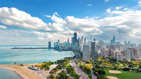 Chicago skyline aerial drone view from above, lake Michigan and city of ...