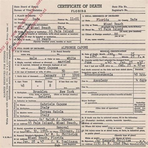 Al Capone Death Certificate 1947 Miami Beach Florida Photo Print Prohibition Alcatraz Mafia Mob ...