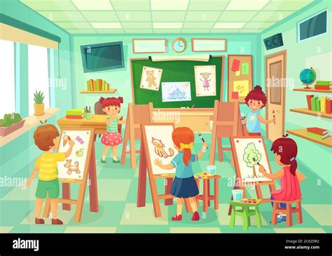 Kids drawing in art class. Vector art education Stock Vector Image ...