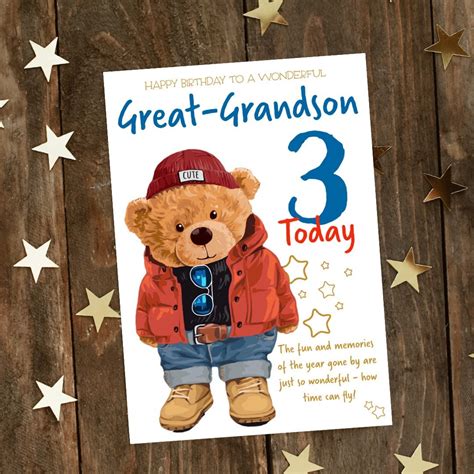 Great-grandson 3rd Birthday Card Cute Bear Art - Etsy UK