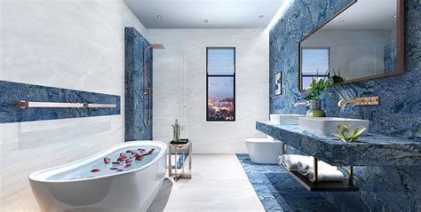 Blue Marble Tiles On Bathroom Wall