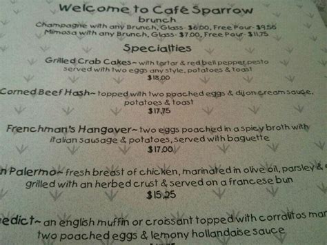 Menu at Café Sparrow restaurant, Aptos