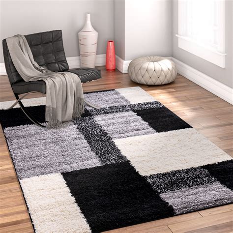 Modern Shag Geometric 2x7 ( 2'' x 7'3'' Runner ) Area Rug Cubes Black & Cream Plush Shag Blocks ...