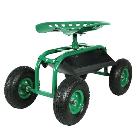 Sunnydaze Decor Green Steel Rolling Garden Cart with 360-Degree Swivel Seat and Tray-QH-RC960-GN ...