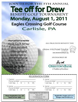 2011 PA Drew Michael Taylor Foundation Tee Off for Drew Golf Tournament Registration Form Fill ...