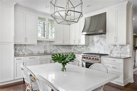 L Shaped Kitchen with Gray and White Marble Slab Backsplash ...