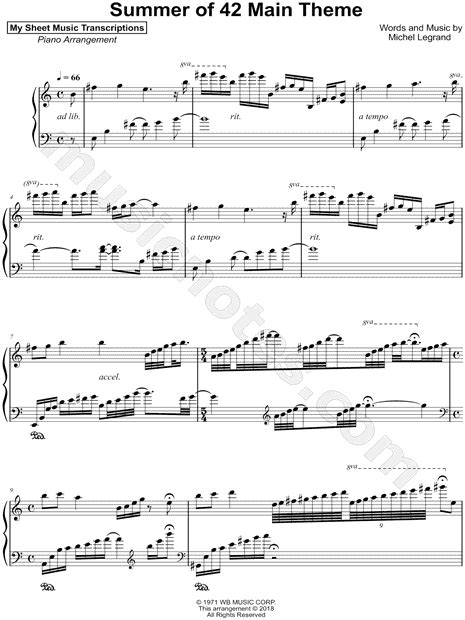 My Sheet Music Transcriptions "Summer of 42 Main Theme" Sheet Music (Piano Solo) in A Minor ...