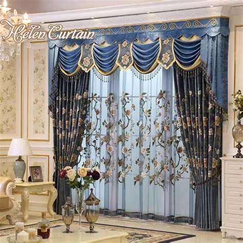 Helen Curtain Luxury Embroidered Flower Curtains For living Room Valance Italian Velvet Blackout ...