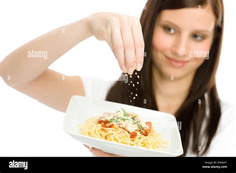 Italian food - woman spaghetti grated cheese sauce Stock Photo - Alamy