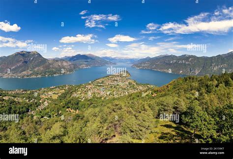 Beautiful aerial panoramic view of Bellagio and Lake Como divided in two branches from the drone ...