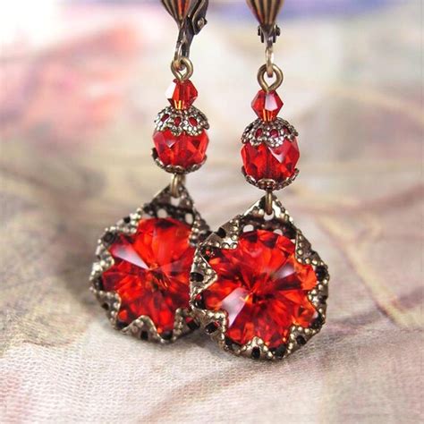 Ruby Earrings : Siam Red Earrings Swarovski Red Crystal Earrings Antique Gold OR Silver Ruby Red ...