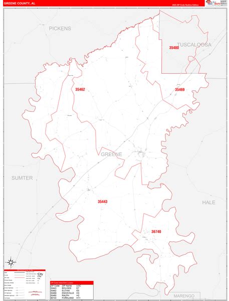 Greene County, AL Zip Code Wall Map Red Line Style by MarketMAPS - MapSales