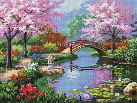 a painting of a bridge over a river with pink flowers on it and trees in the background