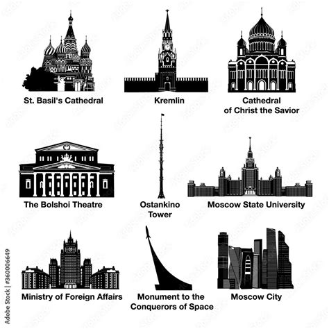 Moscow buildings with names, Kremlin, The Bolshoi Theatre, Moscow State University, Moscow City ...