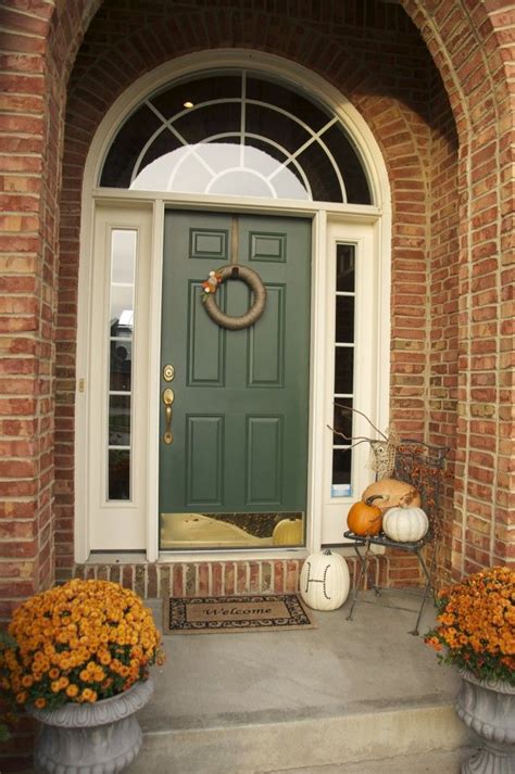 fall front porch | Green front doors, Red brick house exterior, Brick exterior house