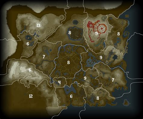 A map showing the amount of Shrines per region : r/Breath_of_the_Wild