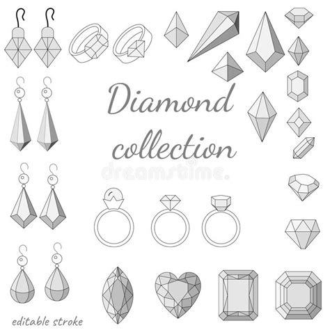 Line Drawings of Diamonds, Rings and Earrings. Vector Set of Diamond ...