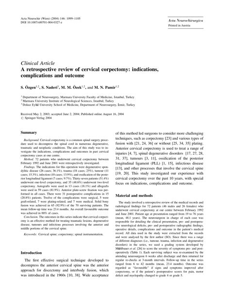 (PDF) A retrospective review of cervical corpectomy: Indications, complications and outcome