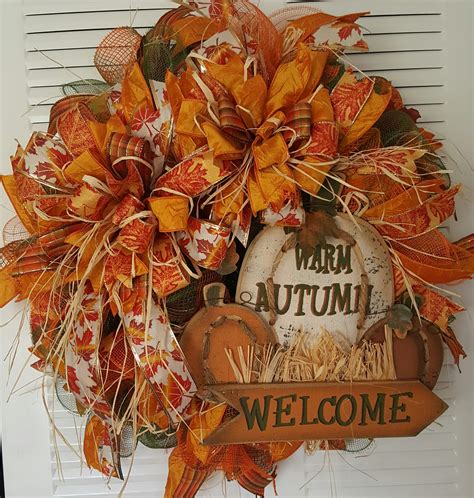 Warm Autumn Welcome Fall Wreath Deco Mesh Wreath Wood Sign | Etsy | Deco mesh wreaths, Fall ...