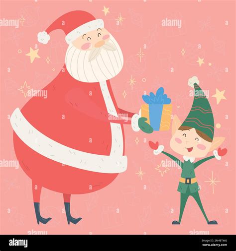 Santa Claus and elf cartoon kawaii Merry christmas gretting card Vector Stock Vector Image & Art ...