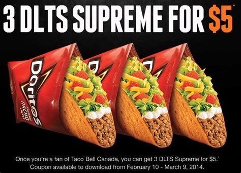 Taco Bell Canada Printable Coupons: Get 3 DLTS Supremes for $5 - Canadian Freebies, Coupons ...