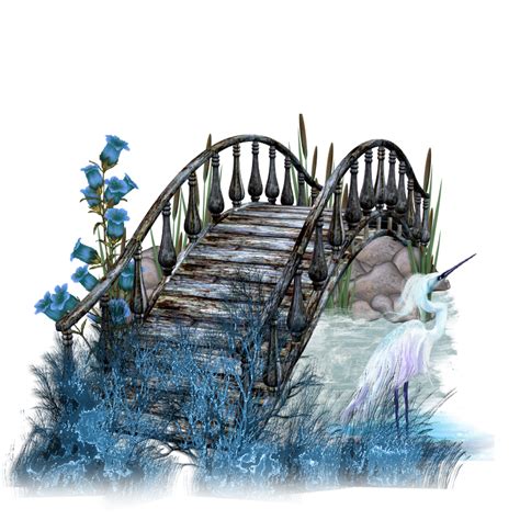 an artistic painting of a bridge with flowers and a bird on the other ...