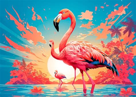 Premium Vector | Flamingo on colorful background with blue sky and sun