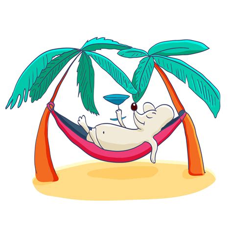 Cute hand drawn cartoon funny mice travel and relax on a tropical beach ...