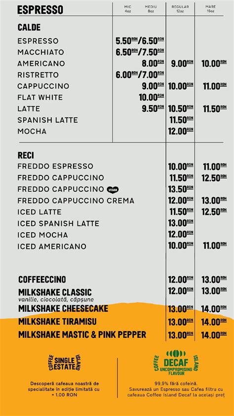 Menu at Coffee Island, Bucharest