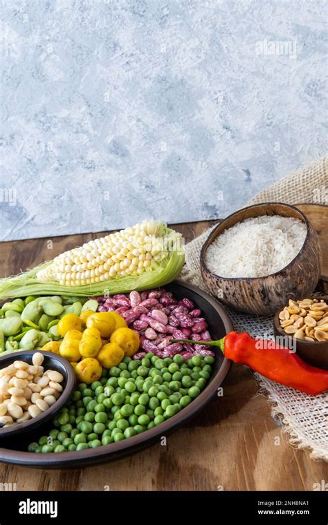 Still life of grains used to cook the fanesca with a copy space or place to write a recipe Stock ...