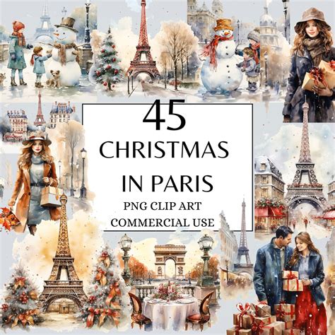 Christmas in Paris Clipart, Winter Paris Clipart, Watercolor Christmas ...