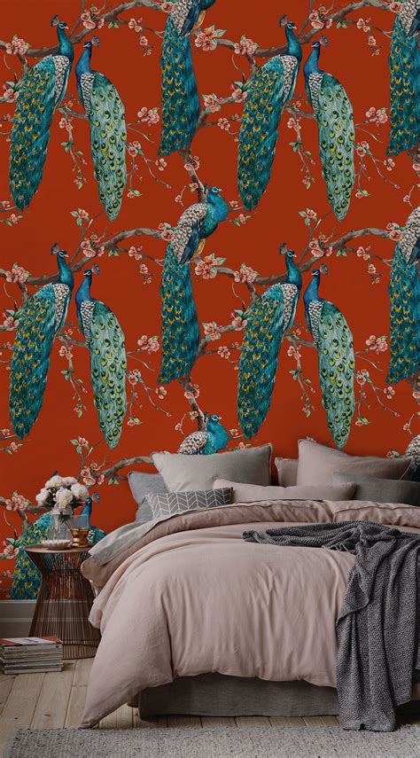 Red Peacock Removable Wallpaper Wall Covering Peel and - Etsy