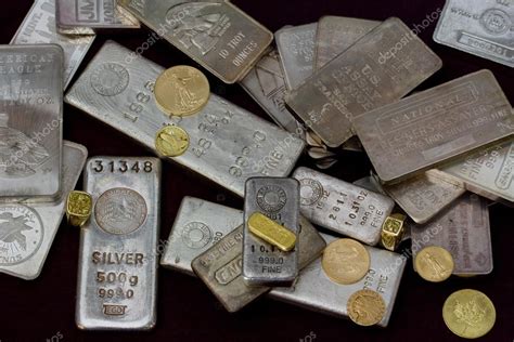 Silver and Gold Bullion Bars, Coins and Rings — Stock Photo ...