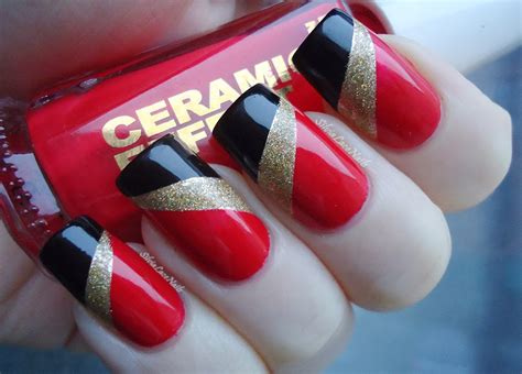 Silvia Lace Nails: NYE tape nail art in red, gold, and black