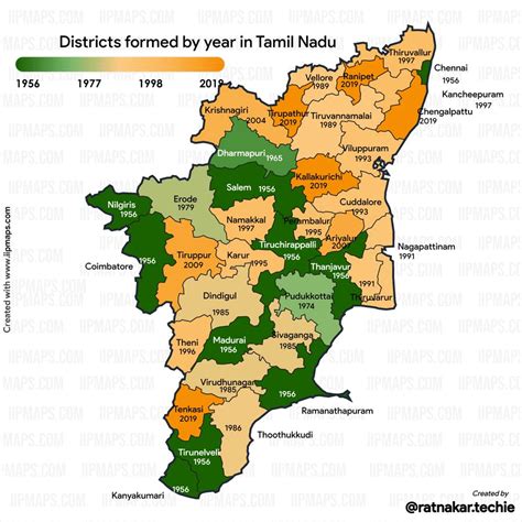 Map of districts formed year wise in Tamil Nadu, the first districts ...