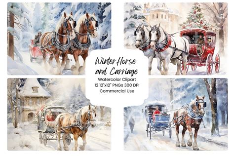 Winter Horse and Carriage Clipart Watercolor Digital Paper Bundle 12 ...